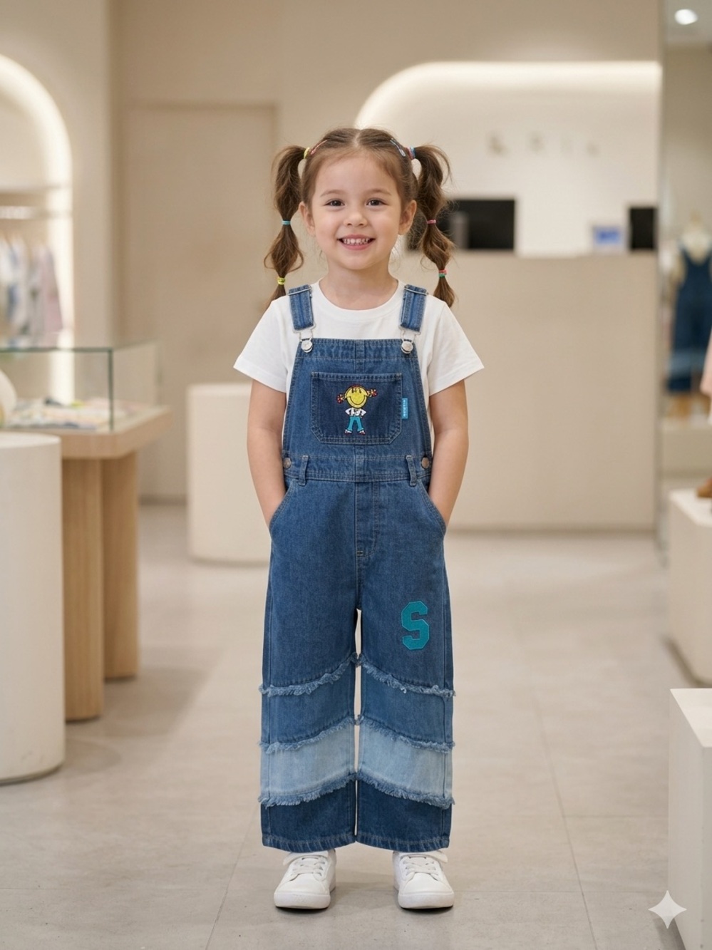 Kids Denim Overalls with Patch Pocket and 'S' Accent - Blue